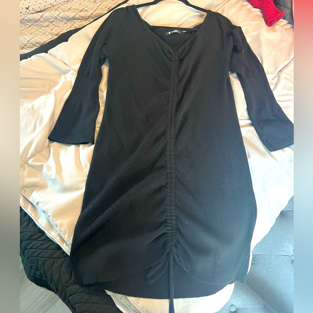 Adjustable black mid thigh length sweater dress
